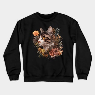 Cat with Flowers Design Crewneck Sweatshirt